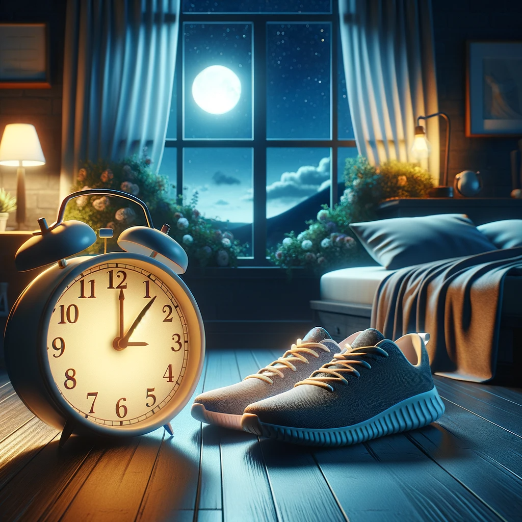 DALL·E 2024 01 17 19.17.14 An image representing the concept of avoiding late night exercise for better sleep. The scene shows a peaceful evening environment with a clock displa 失眠怎麼辦? 12 條睡眠守則幫助您改善睡眠品質