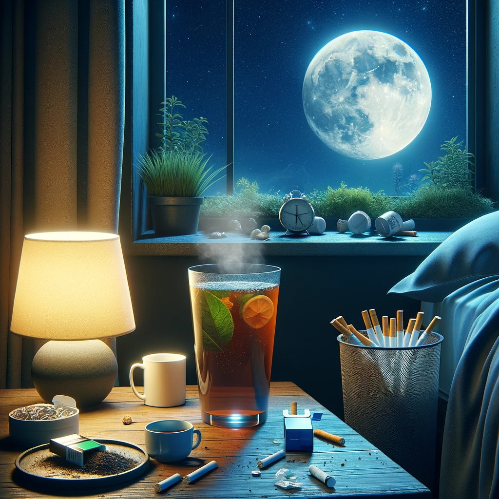 DALL·E 2024 01 17 19.18.28 An image depicting the concept of avoiding caffeine and nicotine before bedtime for better sleep. The scene shows a serene night setting with a moon v 失眠怎麼辦? 12 條睡眠守則幫助您改善睡眠品質