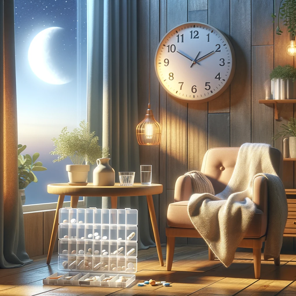DALL·E 2024 01 17 19.19.35 A soothing image representing the concept of being mindful about medication and limiting nap times for better sleep. The scene shows a peaceful aftern 失眠怎麼辦? 12 條睡眠守則幫助您改善睡眠品質
