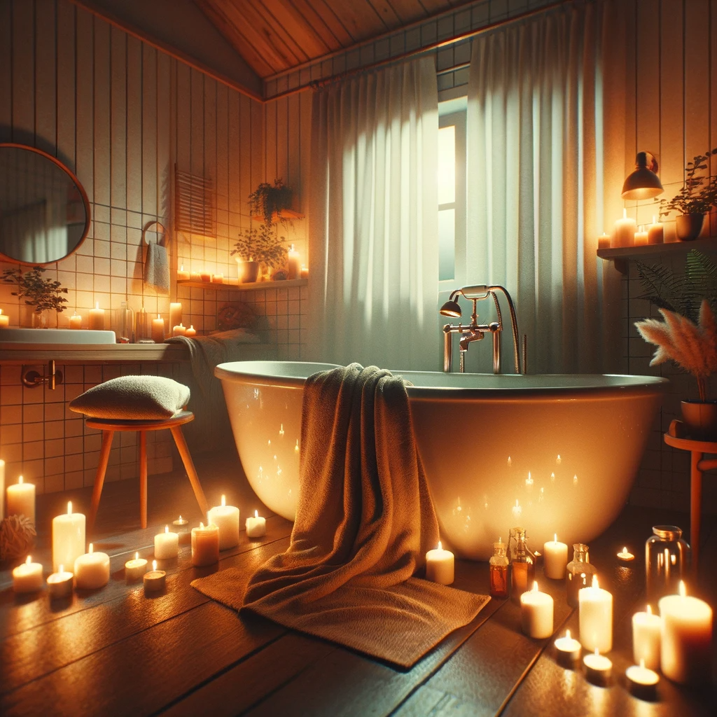 DALL·E 2024 01 17 19.20.41 An image capturing the essence of bedtime relaxation and the benefits of a warm bath before sleep. The scene includes a serene bathroom with a bathtub 失眠怎麼辦? 12 條睡眠守則幫助您改善睡眠品質