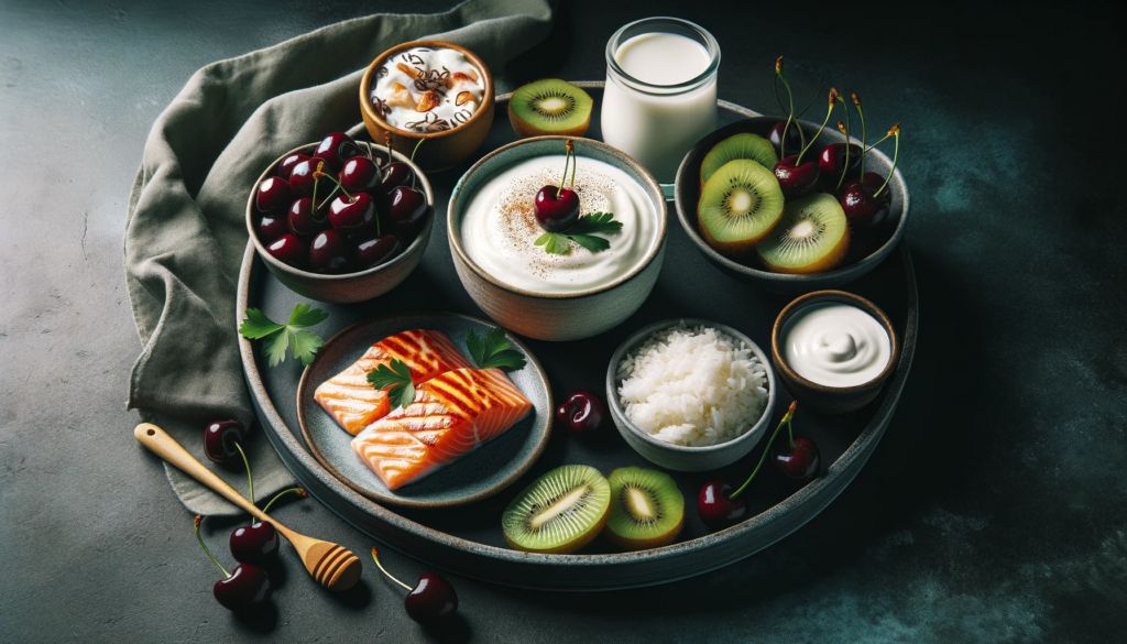 DALL·E 2024 01 20 12.31.15 An image showcasing nighttime dietary options including a bowl of Greek yogurt accompanied by kiwi and tart cherries along with a small plate of gri 助眠食物有那些? 搭配正確的生活方式，打造良好的睡眠