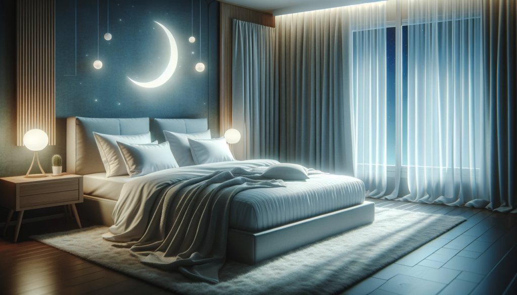 DALL·E 2024 01 20 12.31.21 An image showcasing an ideal sleeping environment including a quiet cozy bedroom equipped with a comfortable mattress and pillows. Soft moonlight fi 助眠食物有那些? 搭配正確的生活方式，打造良好的睡眠