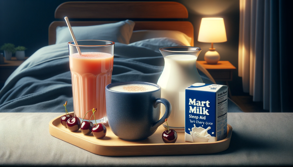 DALL·E 2024 01 20 15.14.47 An image showcasing sleep aid beverages including a warm cup of milk a glass of tart cherry juice and a mug of malted milk. The background is a rel 1 睡眠品質改善攻略：助眠飲料 + 好睡床墊