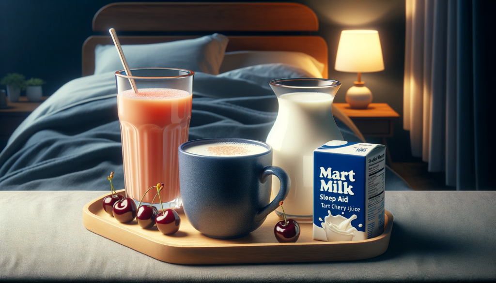 DALL·E 2024 01 20 15.14.47 An image showcasing sleep aid beverages including a warm cup of milk a glass of tart cherry juice and a mug of malted milk. The background is a rel 1 睡眠品質不好？試試以下 6 種助眠飲料並搭配好睡的床墊