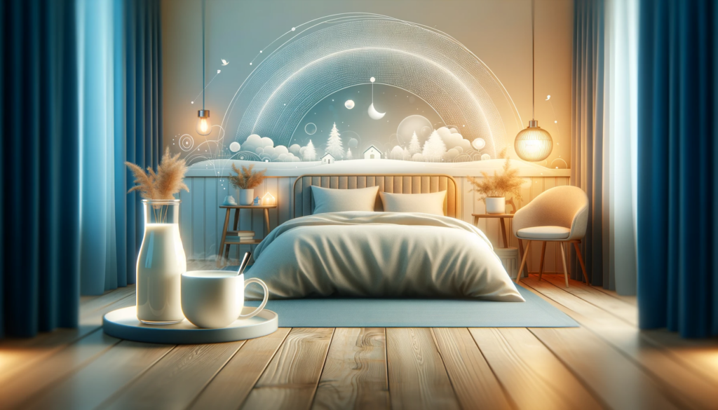 DALL·E 2024 01 20 15.14.53 An image showcasing a quiet and comfortable sleeping environment featuring a serene bedroom with a soft bed and a comfortable pillow. The image also 睡眠品質不好?試試以下 6 種助眠飲料並搭配好睡的床墊