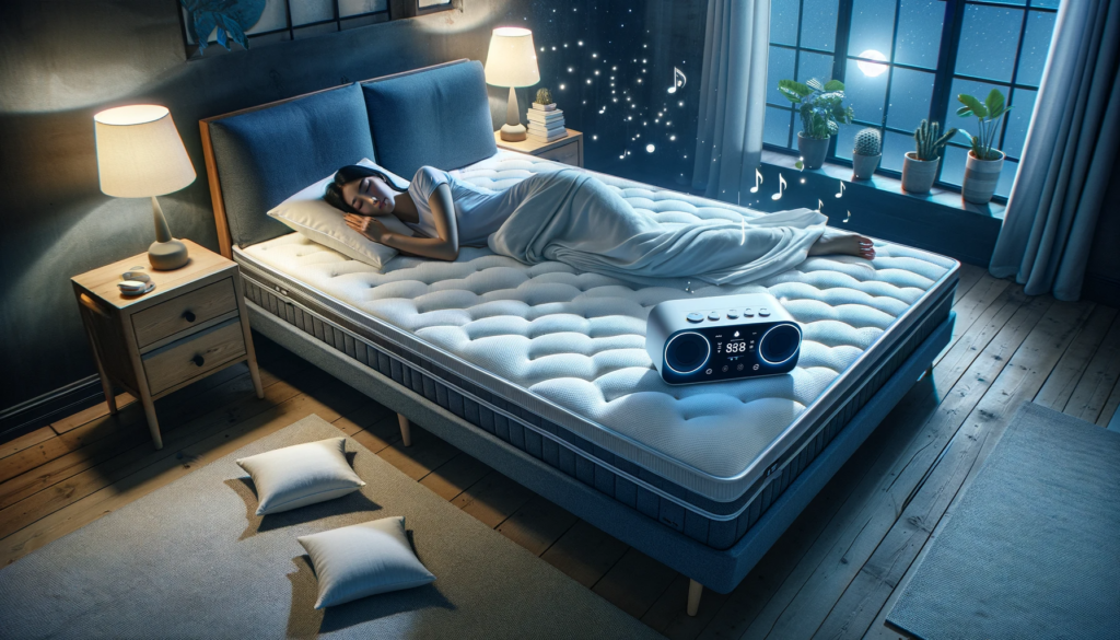 DALL·E 2024 01 20 15.59.59 An image depicting a relaxing and comfortable bedroom scene at night. The bed is outfitted with a cozy Zhou Mattress and soft pillows. A small unobtr 助眠音樂推薦,優雅旋律帶你夢周公