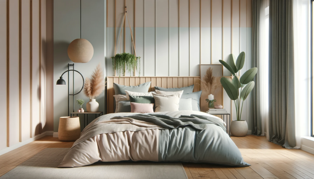 DALL·E 2024 01 25 19.02.06 Create a modern high quality vector image of a stylish bedroom with a focus on cozy and trendy bedding in popular colors for 2023. The room should re 2024 年流行臥室裝潢風格與床單顏色，助您美化空間，提升生活品質