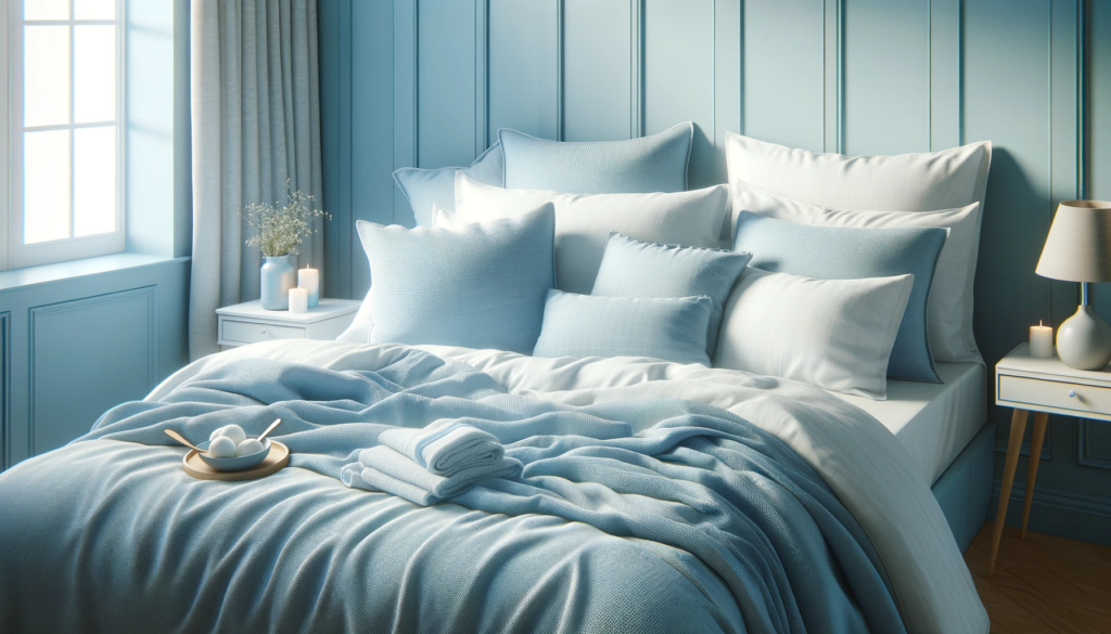 DALL·E 2024 01 25 19.06.27 Create a realistic high quality image of cozy bedding in a light blue color symbolizing calmness and a soothing seaside ambiance. The image should c 2024 年流行臥室裝潢風格與床單顏色，助您美化空間，提升生活品質