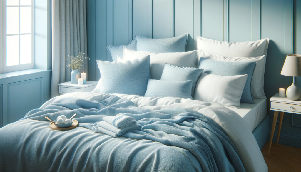 DALL·E 2024 01 25 19.06.27 Create a realistic high quality image of cozy bedding in a light blue color symbolizing calmness and a soothing seaside ambiance. The image should c 2025 年流行臥室裝潢風格與床單顏色，助您美化空間，提升生活品質