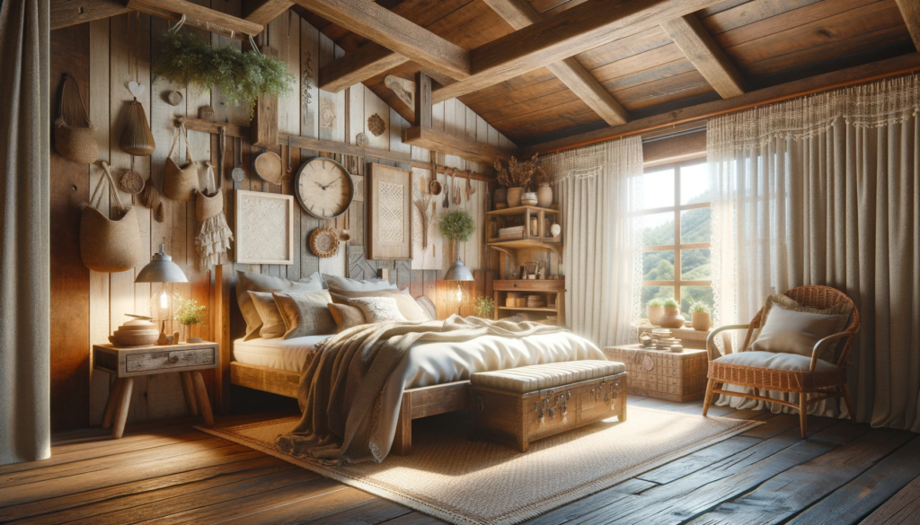 DALL·E 2024 01 25 19.09.39 Create a realistic high quality image of a bedroom decorated in country style. The room should evoke comfort and naturalness featuring rustic wooden 2024 年流行臥室裝潢風格與床單顏色，助您美化空間，提升生活品質