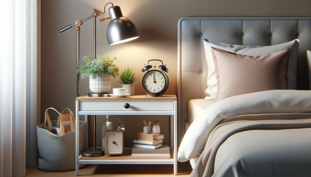 DALL·E 2024 01 26 18.49.27 Create a realistic high quality image of a cozy bedside setting featuring a stylish night lamp an elegant alarm clock a comfortable reading lamp a 6 種熱門床邊小物，提升您床邊的質感，提升床邊實用性、增添好心情