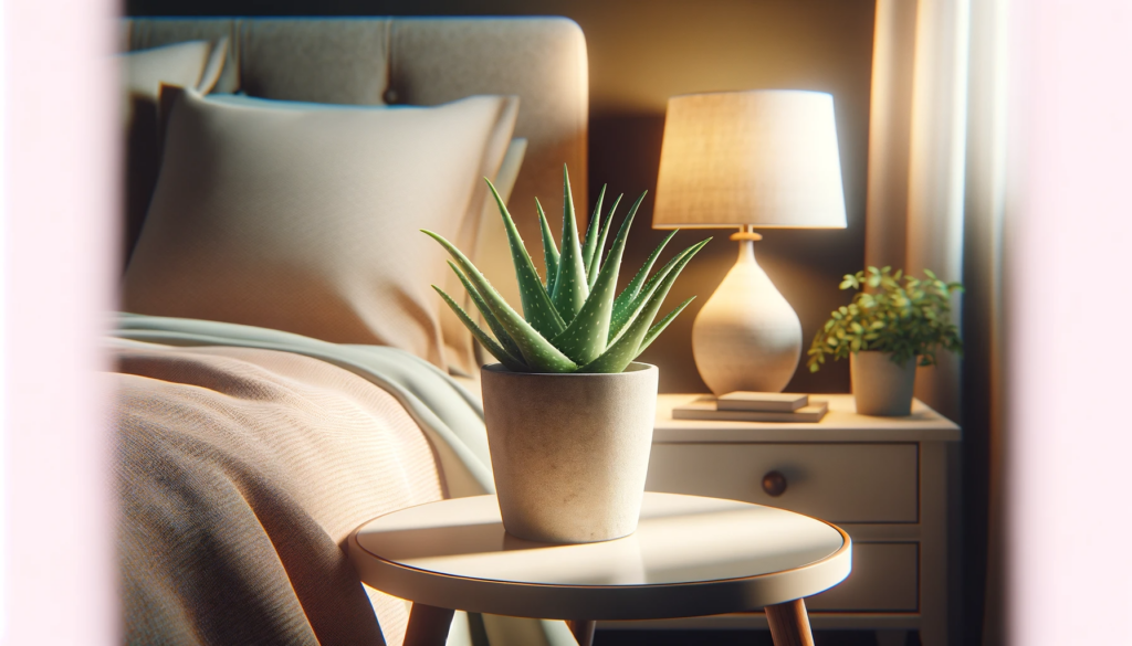 DALL·E 2024 01 26 18.50.46 Create a realistic high quality image of a small aloe vera plant in a pot placed on a bedside table. The setting should be cozy and inviting reflec 六種熱門床邊小物，提升您床邊的質感，提升床邊實用性、增添好心情
