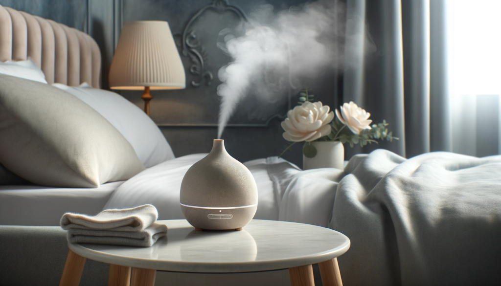 DALL·E 2024 01 26 18.52.26 Create a realistic high quality image of an elegant aroma diffuser placed on a bedside table with a gentle mist coming out. The setting should be tr 六種熱門床邊小物，提升您床邊的質感，提升床邊實用性、增添好心情