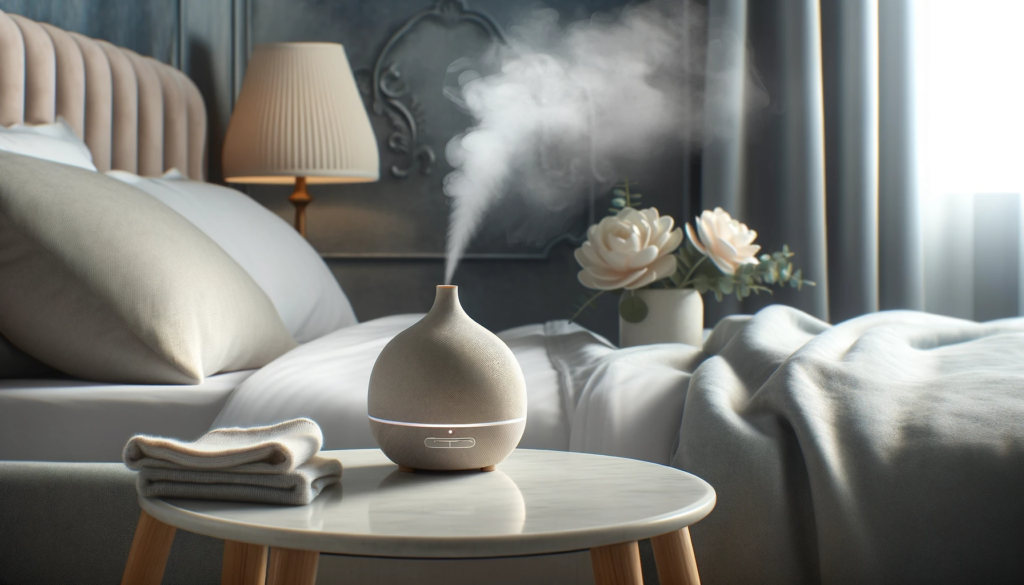 DALL·E 2024 01 26 18.52.26 Create a realistic high quality image of an elegant aroma diffuser placed on a bedside table with a gentle mist coming out. The setting should be tr 6 種熱門床邊小物，提升您床邊的質感，提升床邊實用性、增添好心情