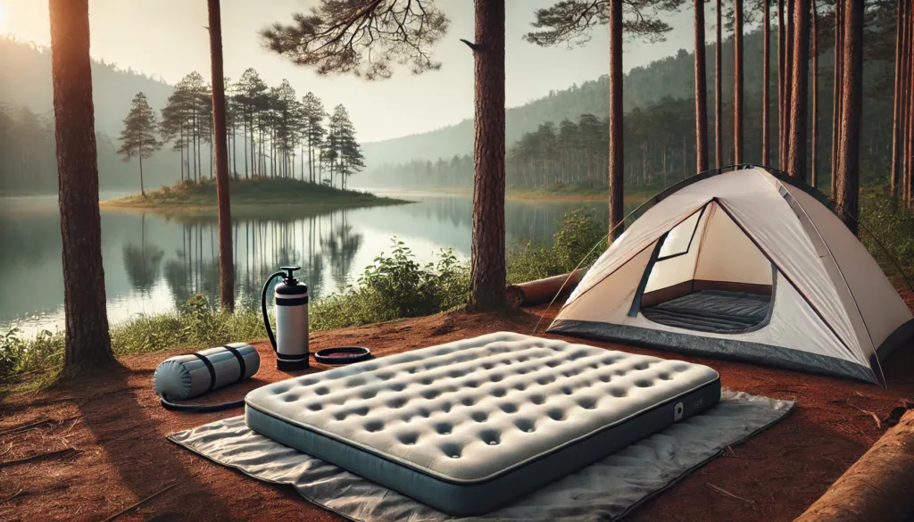 DALL·E 2024 10 29 23.22.32 A scenic campsite with a tent set up near a calm lake during the early morning. In front of the tent a cozy setup shows both a lightweight foldable c 2025 露營床墊推薦 TOP 5 -  露營或車泊都好用的床墊